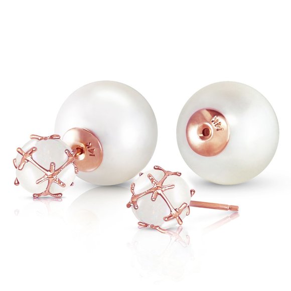 14K. SOLID GOLD TRIBAL DOUBLE SHELL PEARLS AND OPALS STUD EARRINGS (Rose Gold) - Picture 2 of 6